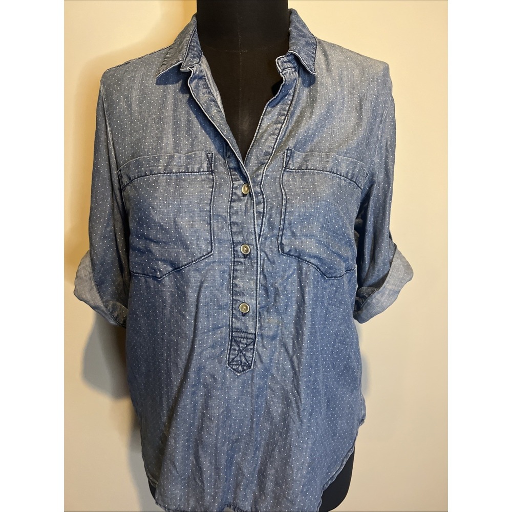 Cloth & Stone Anthropologie Chambray With Polka Dots 3/4 Sleeve Blue Medium Top